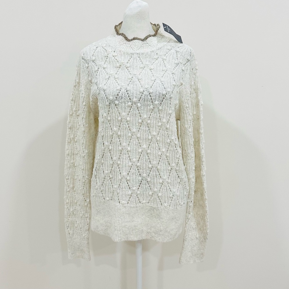 NWT Abercrombie & Fitch Size L Ivory Open‎ Knit  Sweater Metallic Gold Trim